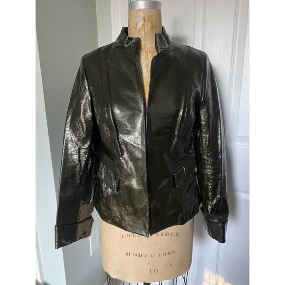 Lafayette 148 Shiny Patent Leather Jacket Womens 6 Blazer Dark Green Olive - Picture 1 of 16